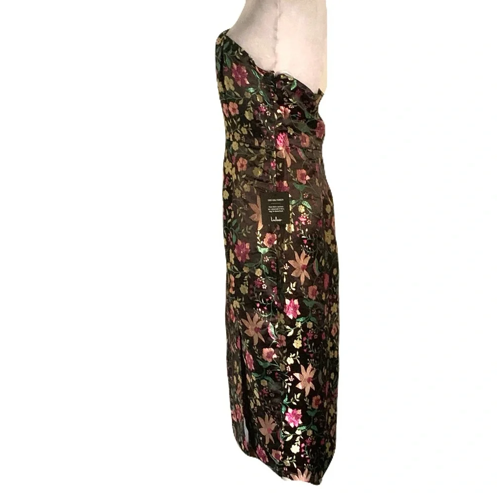 Lulu's Black Strapless Floral Midi Dress with Pink and Green Accents - Picture 3 of 8